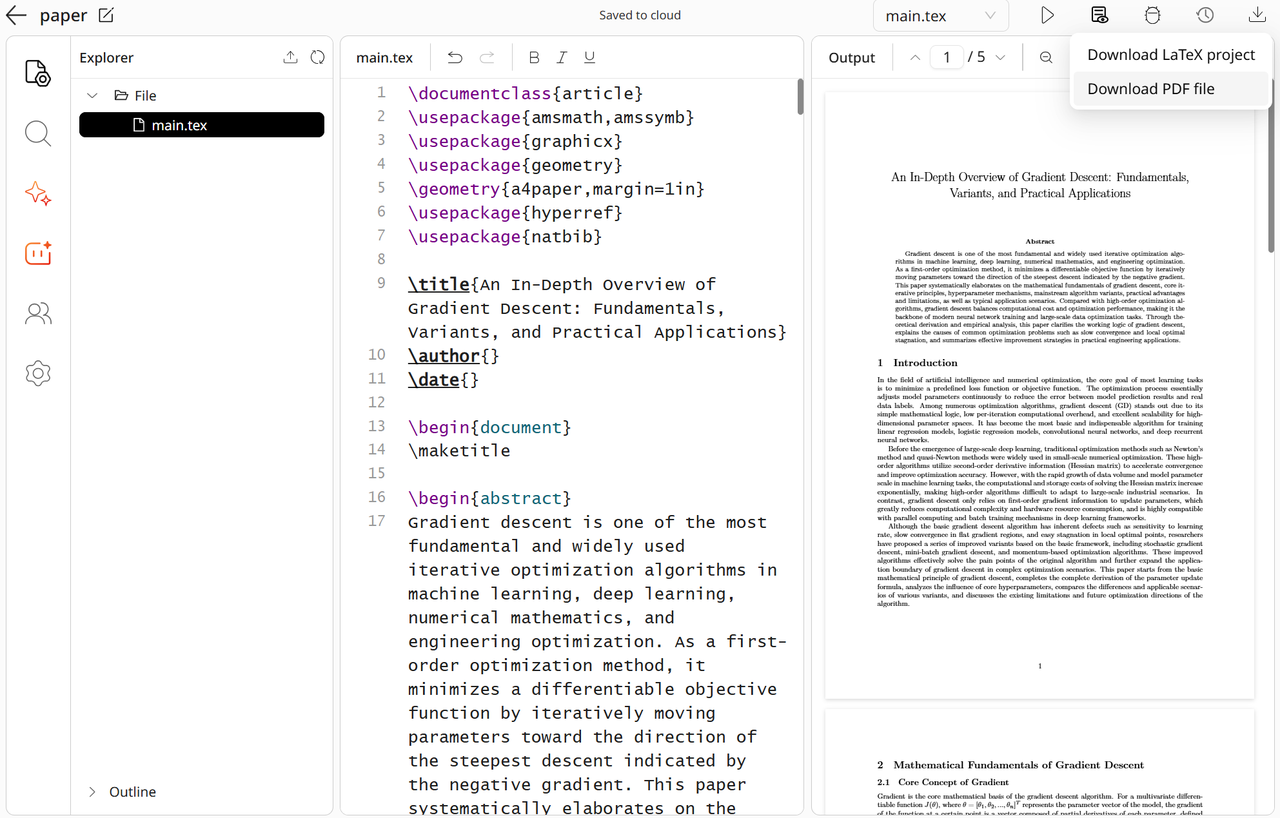 EasyLaTeX のソースと PDF のダウンロードメニュー
